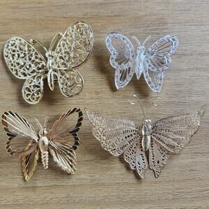 4 Vtg Butterfly Brooch Lot Silver Gold Tone Openwork Filigree Ornate Delicate